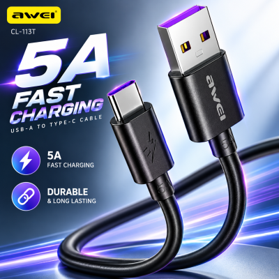 Awei CL-113T USB-A to Type-C 5A Fast Charging Cable – 30CM Short Portable Data & Power Cable with Huawei SuperCharge Support for Android Devices